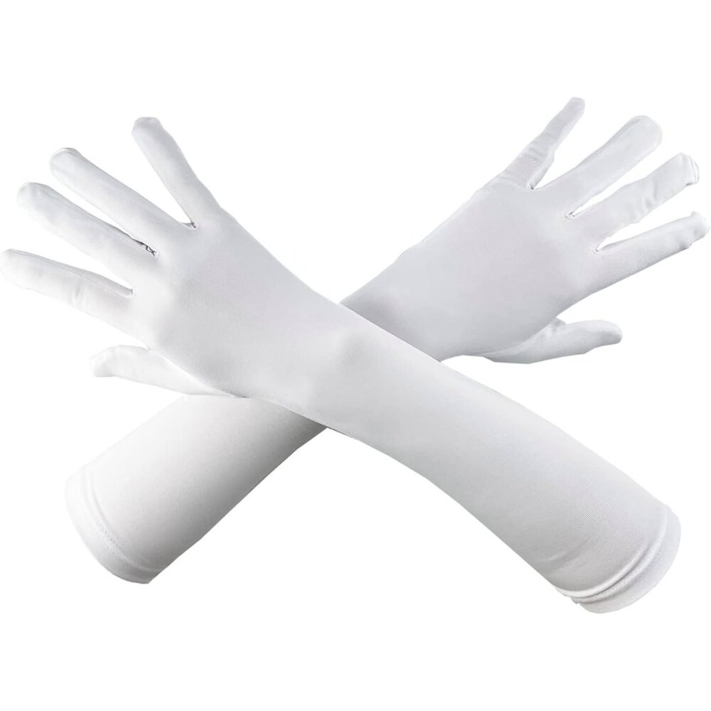 Women's White Elbow Length Satin Long Gloves Design Stretchy Cosplay Costume